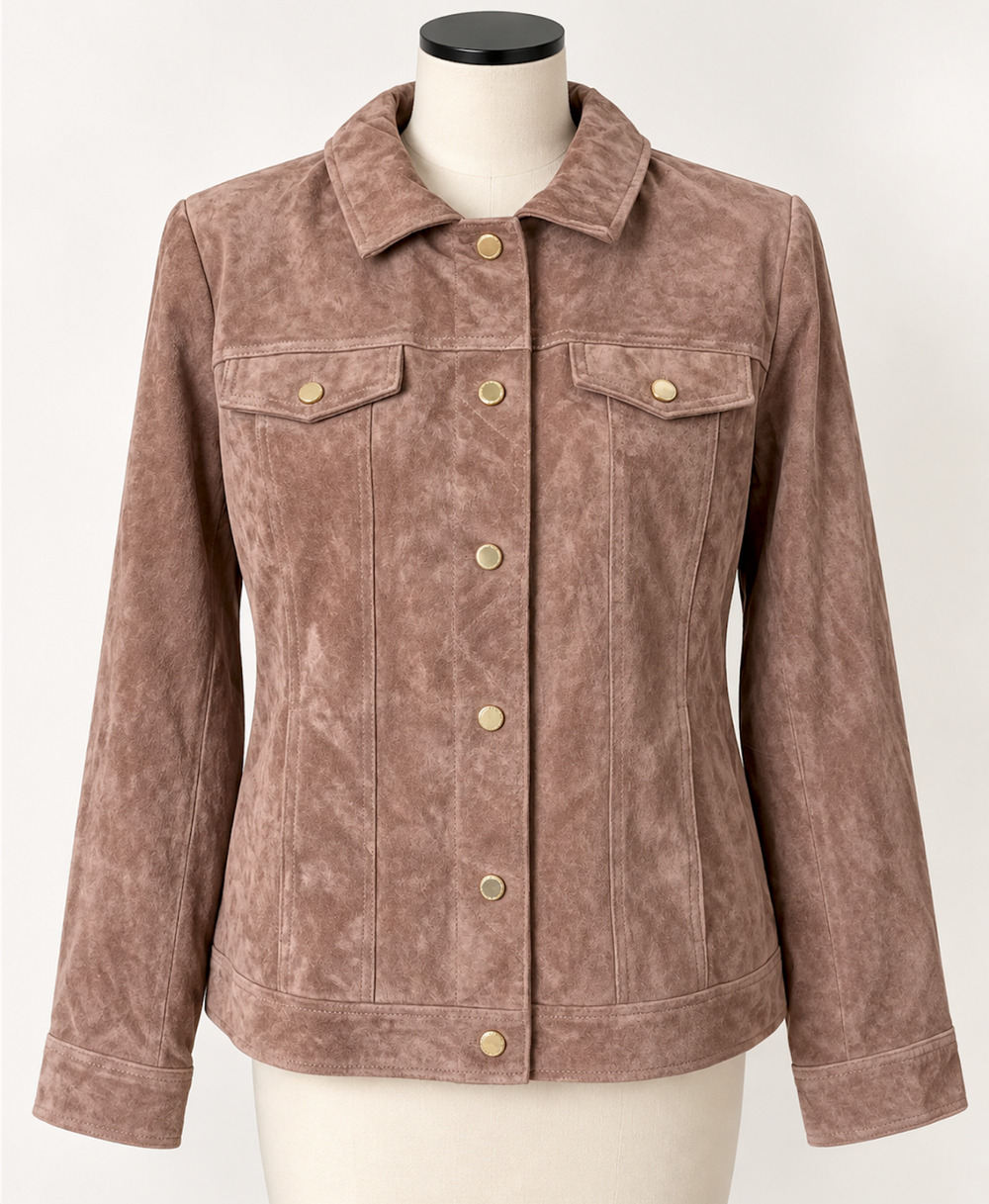 Isaac Mizrahi Live Suede Leather Trucker Jacket Brown Gold Snap 16 NWOT